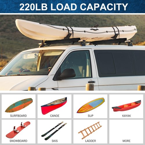 Datanly Universal Soft Roof Rack Pads Kayak Carrier Surfboard Windsurfing Car Racks for Snowboard Canoe with 2 Pcs 15ft Tie Down Straps 2 Pcs 15ft Tie Down Rope 2 Quick Loop Strap 1 Storage Bag, Black