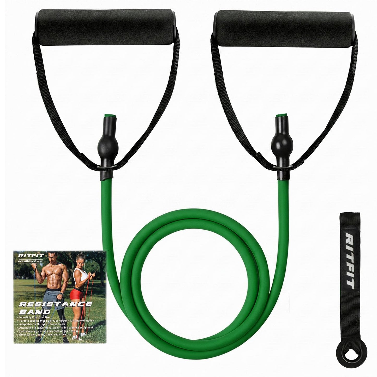 RitFit Single Resistance Exercise Band with Comfortable Handles - Ideal for Physical Therapy, Strength Training, Muscle Toning - Foam Padding Door Anchor and Starter Guide Included (Green(5-10lbs))