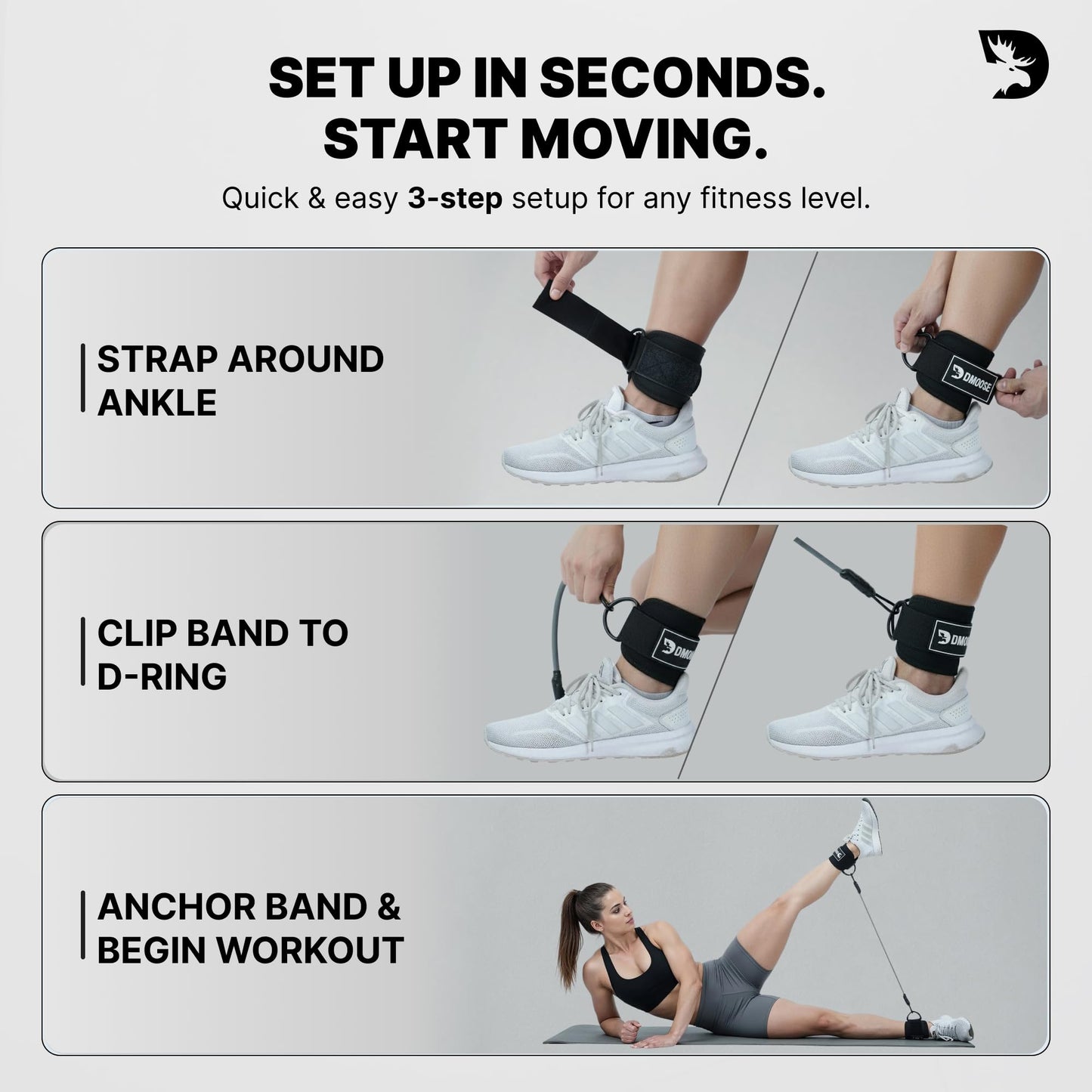 DMoose Fitness Ankle Strap with Tube Resistance Band for Cable Machines - Padded Ankle Cuff & Durable Tube Band for Glute Kickbacks, Leg Workouts, Hip Abduction, Resistance Training