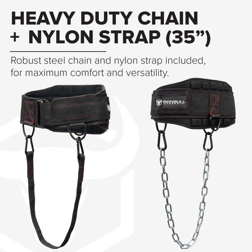 Advanced Dip Belt V2 – Heavy-Duty Weighted Belt with Reinforced Back, Chain & Nylon Strap – 3-Point Anchor D-Rings for Dips, Pull-Ups, Squats & More (Large)