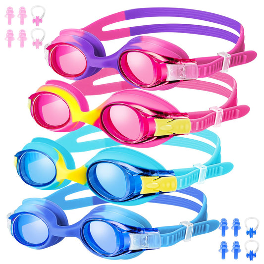 FOGULO 4 Pack Kids Swim Goggles 4-14, Anti-Fog Swimming Goggles with UV Protection and Adjustable Bungee Strap, Boy and Girl Waterproof Goggles with Nose Clips and Earplugs for Pool