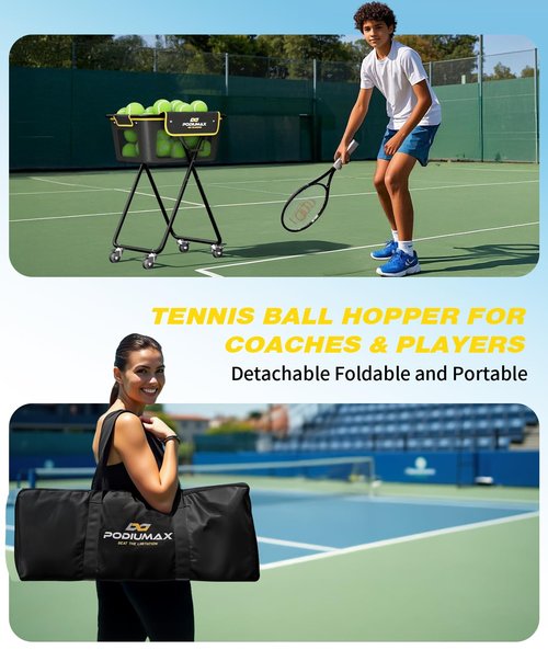 PodiuMax Pickleball Tennis Ball Hopper, Holds 180 Tennis-Balls or 150 Pickle Balls, Foldable Pickleball Caddy for Men Women Teen, Waterproof Tennis Ball Basket for Learners & Coaches