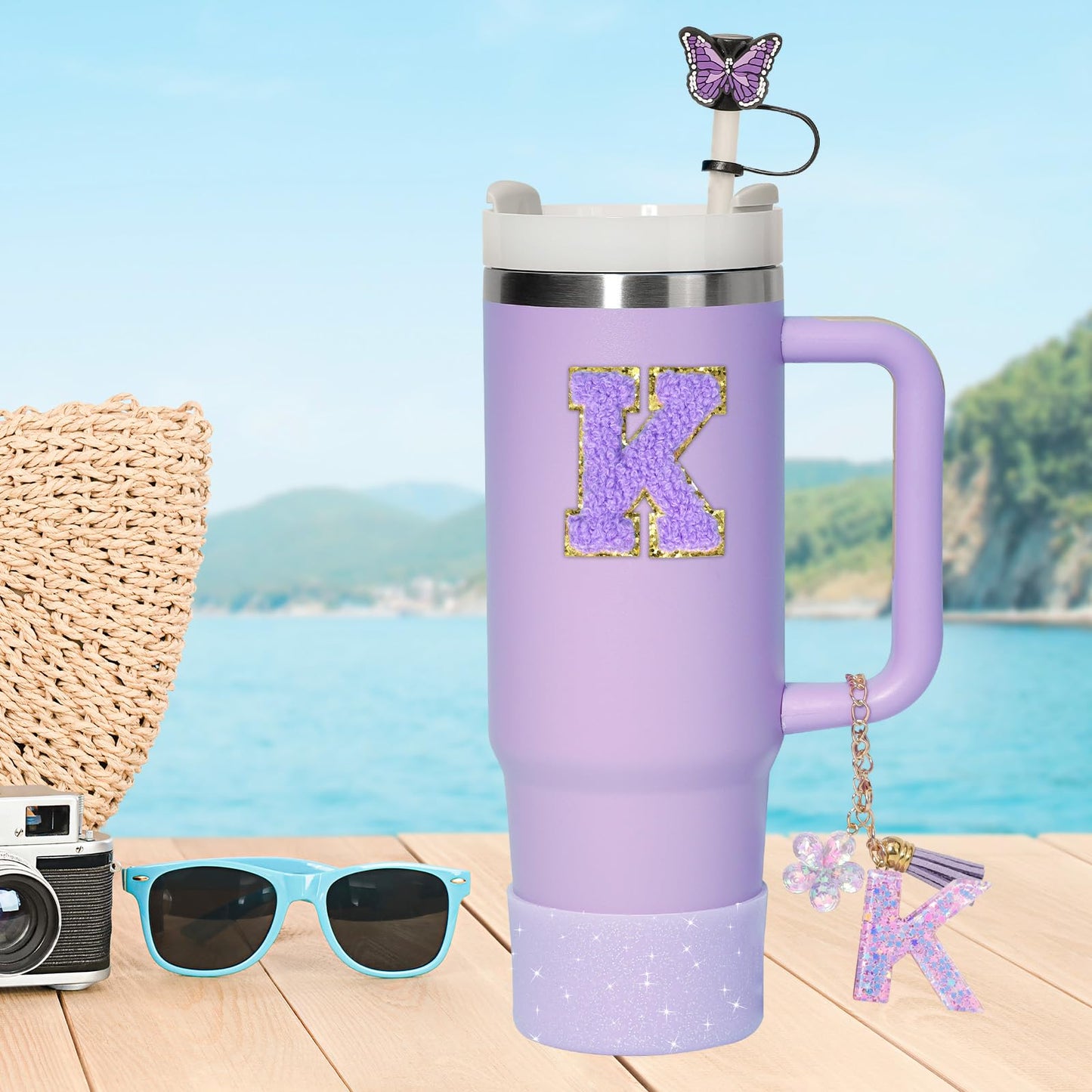 Liangang Stanley Cup Accessories Set, Compatible with Stanley 30oz 40oz, Includes: 2 Straw Covers & 2 Boot Covers, Spill-Proof Stopper, 2 Handles & 2 Sticker Letters (Incl. Letter K)