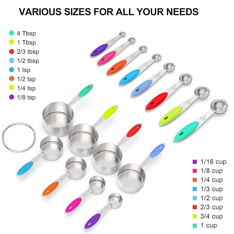Multicolor 21-Piece Stainless Steel Measuring Cups & Spoons Set with Silicone Handle - Includes 8 Cups, 8 Spoons & 5 Mini Spoons