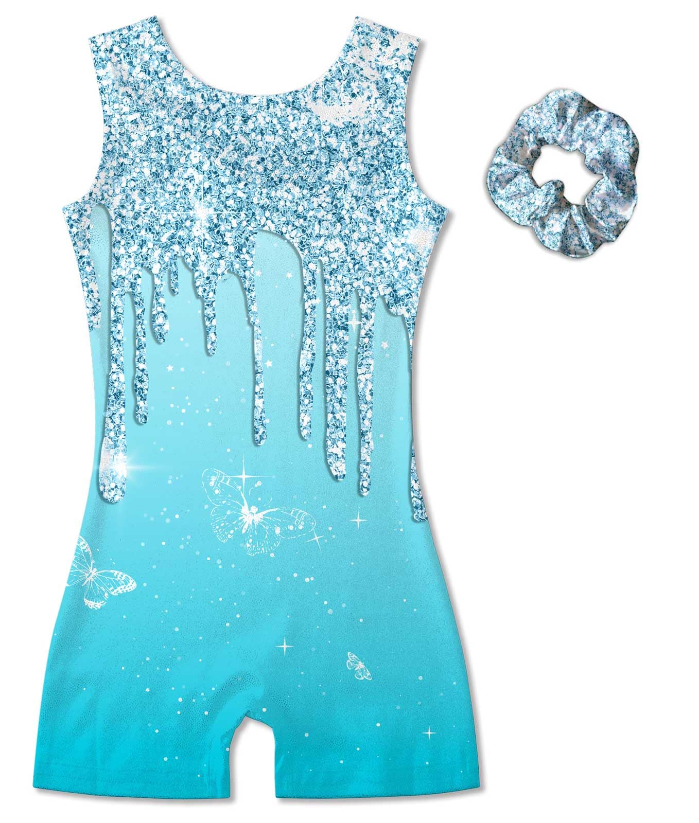 Vogseek Sparkly Gymnastics Leotards for Girls 6 7 Years Cute Light Blue Shiny Ballet Dance Unitards Biketards with Hair Scrunchie Kids Tumbling Shorts Activewear Clothes, Blue Shiny