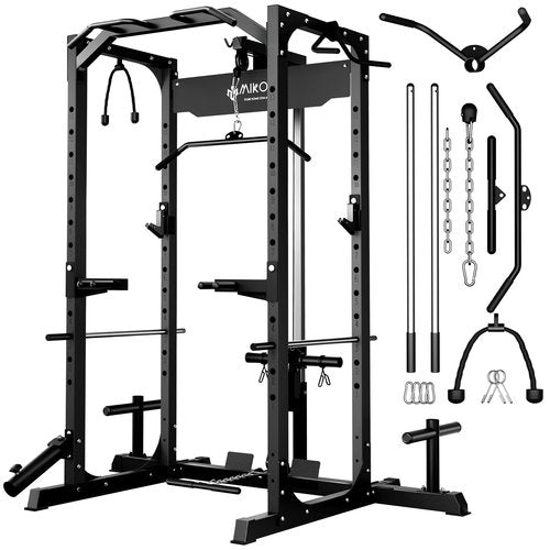 Mikolo Power Cage, Power Rack with LAT Pulldown, 1200 Pounds Capacity Workout Cage with More Training Attachments, Squat Rack for Home Gym, Yellow