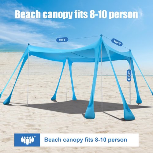 Beach Tent Sun Shelter, Beach Shade Canopy UPF50+, 10x10ft Canopy Tent with 8 Sandbags, Sand Shovels, Ground Pegs & Stability Poles, Pop Up Shade Tents for Beach, Camping, Fishing
