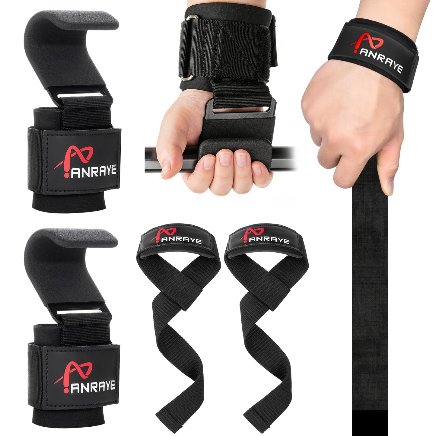 Weight Lifting Hooks & Straps Set, Lifting Hooks with Anti-Slip Grip