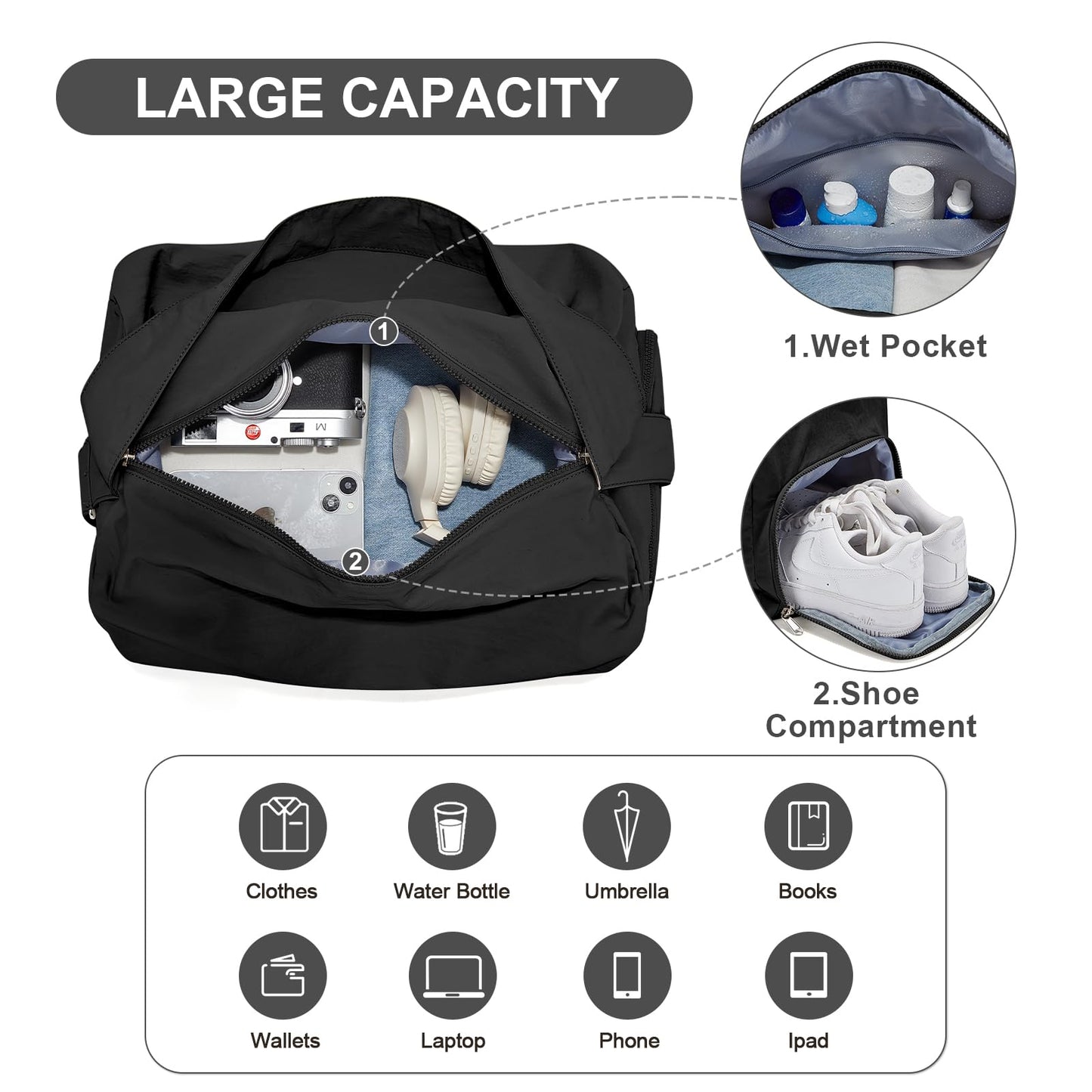 Large Gym Bag with Shoe Compartment, Workout Sport Duffle Bag for Women Travel, Waterproof Shoulder Overnight Bags Lightweight Carry on Tote Bags for Swim, Yoga, Dance