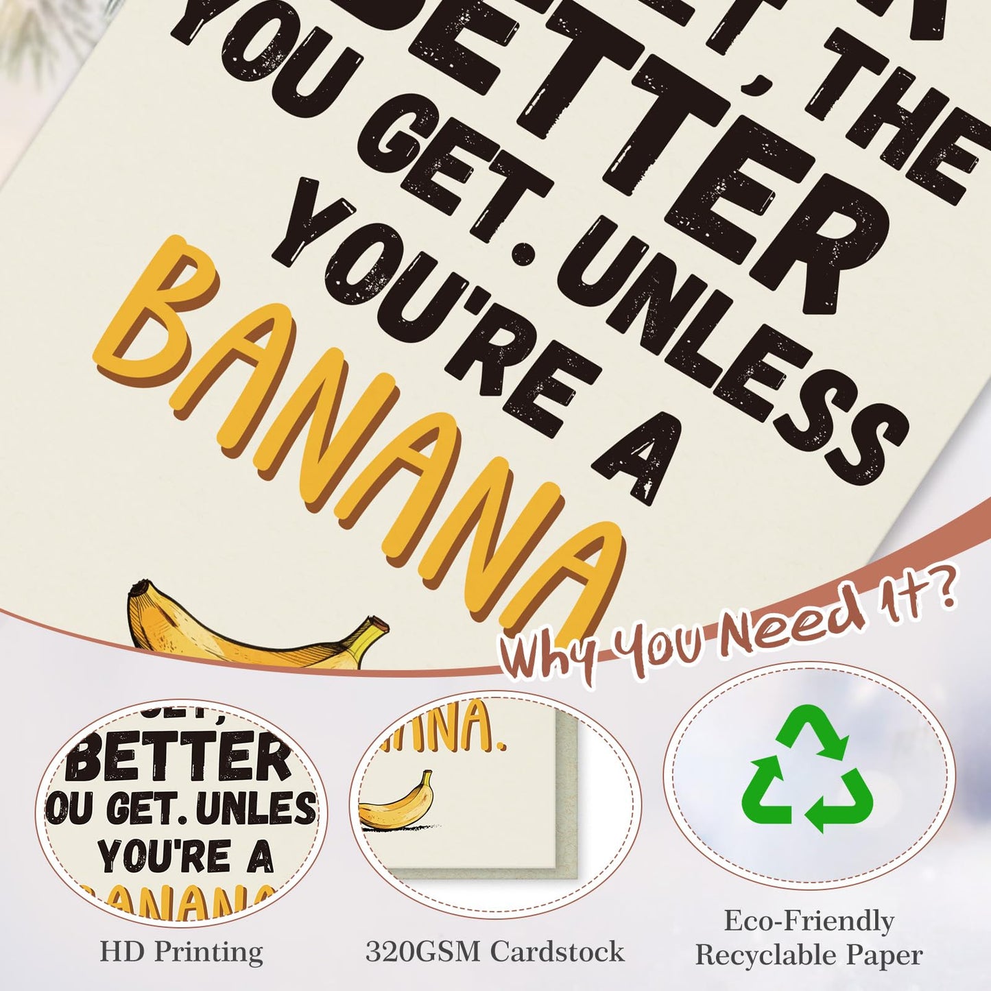 FLYAB Funny Birthday Cards - Recyclable Birthday Card with Envelope Banana Funny Bday Gift for Mom Dad Grandma Grandpa Friends (5.5x8 Inch)