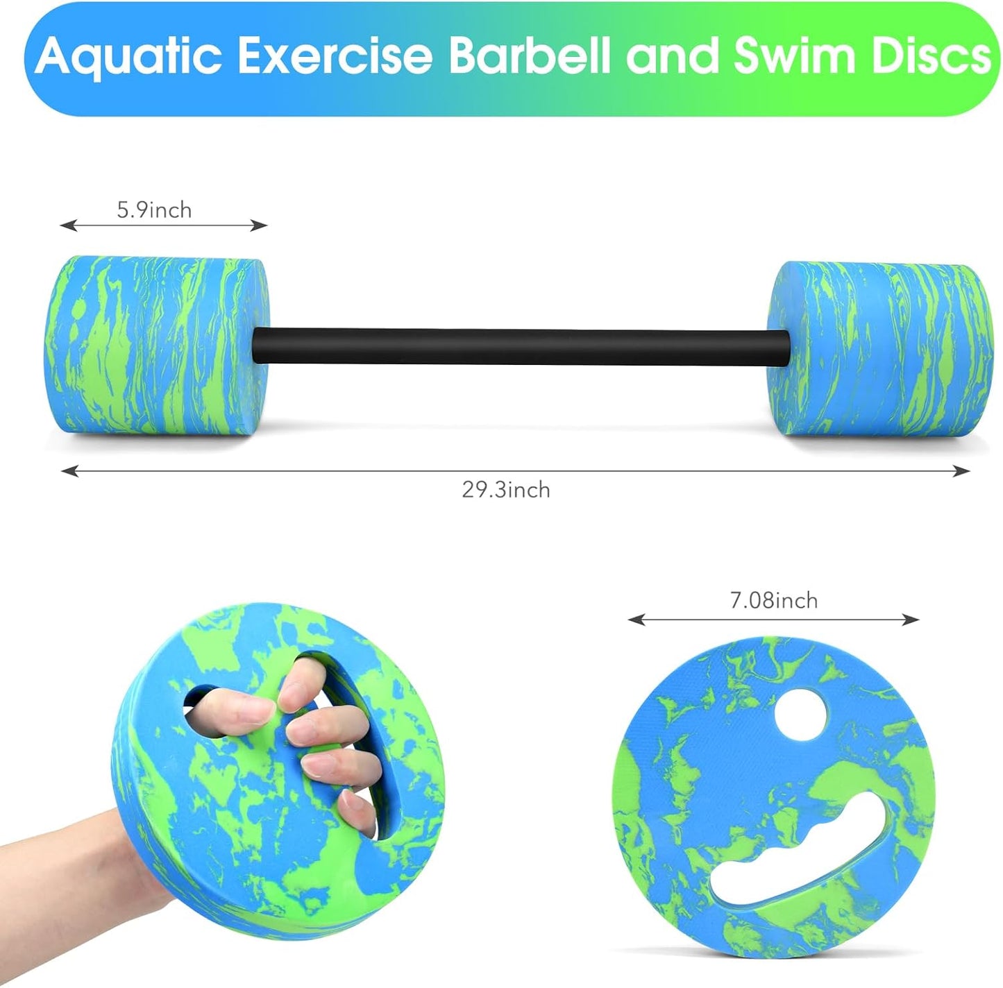 29.3’’Aquatic Exercise Equipment Swim Barbell High Density EVA Foam Pool Barbell with Water Exercise Discs Aquatic Fitness Equipment (Blue&Green)