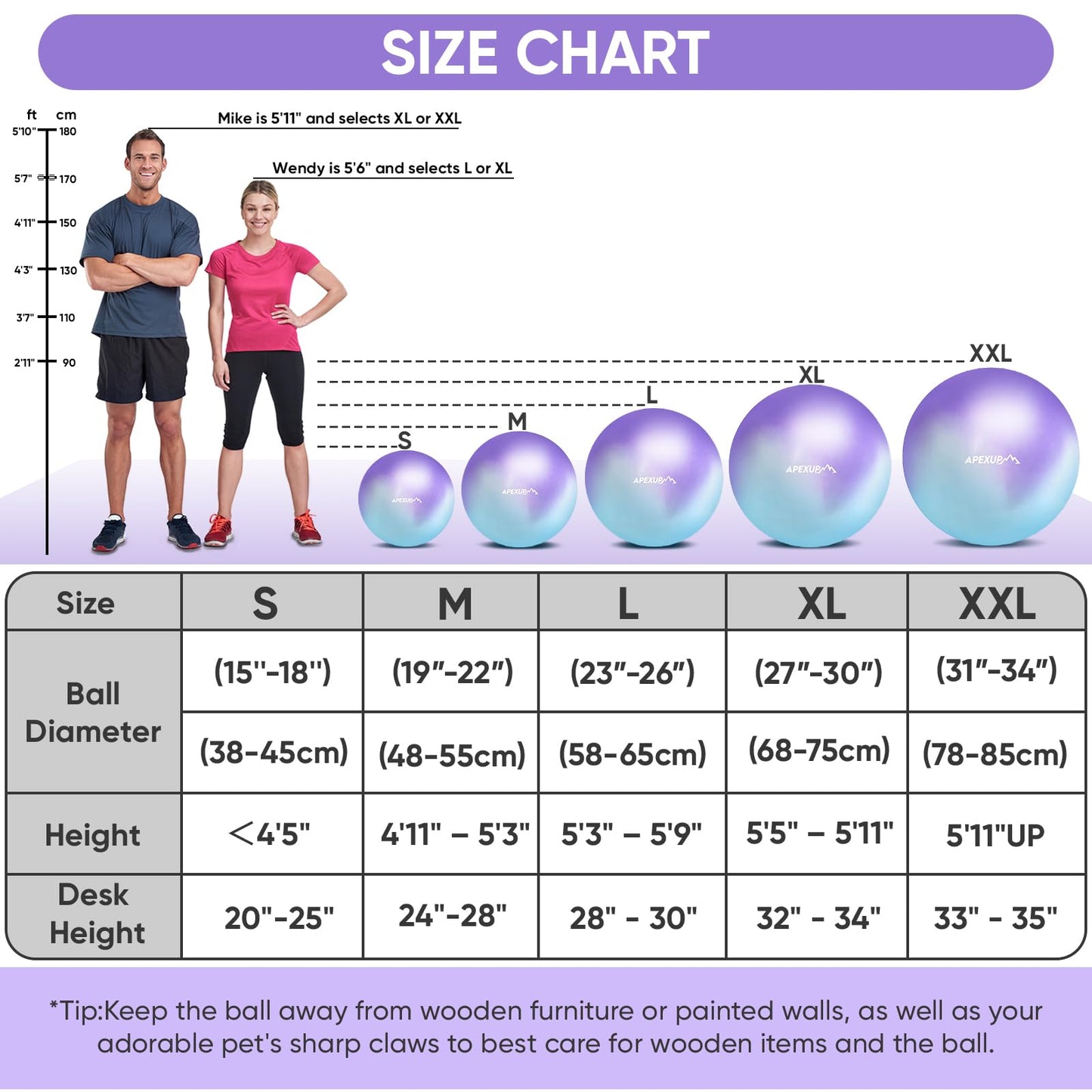 APEXUP Yoga Ball, 660 lbs Anti-Burst Exercise Ball with Pump, 5 Sizes (M (19"~22") 55cm, Blue Purple)