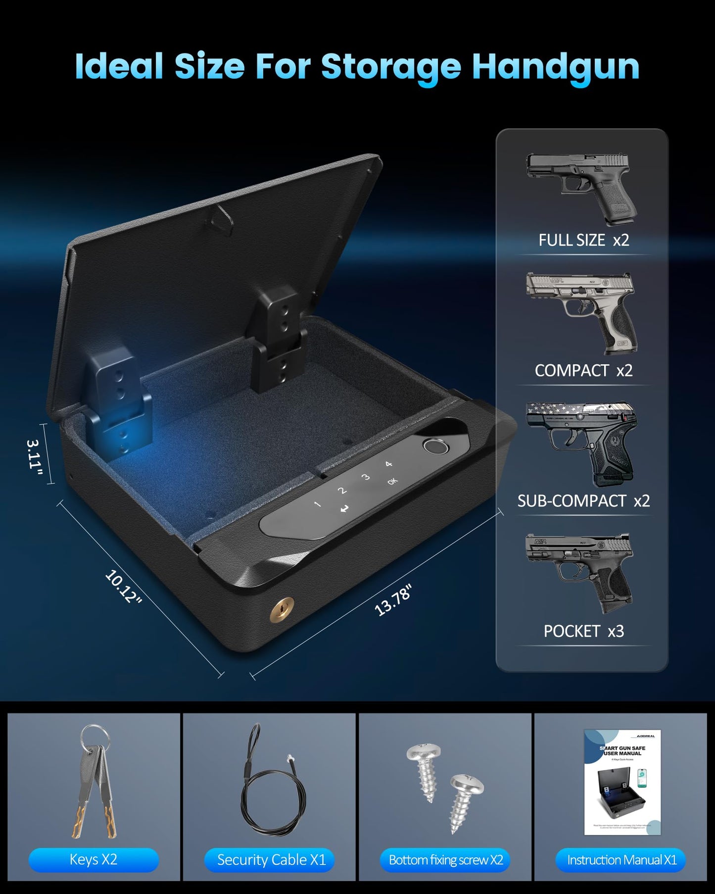 Adoreal Smart Biometric Gun Safe for Handguns, 4 Ways Quick-Access Fingerprint Gun Safe for Pistols, Fingerprint/Digital Keypad/Key/APP Gun Locks Box for Guns, Sturdy Heavy Steel Construction