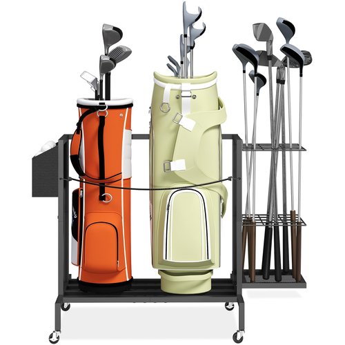 MAHANCRIS Golf Bag Organizer for Garage, Golf Bag Storage Stand Fits 2 Golf Bags, Freestanding Golf Club Holder for Garage, Shed, Home, Basement, Other Golfing Equipment Accessories, Black BEBK17501