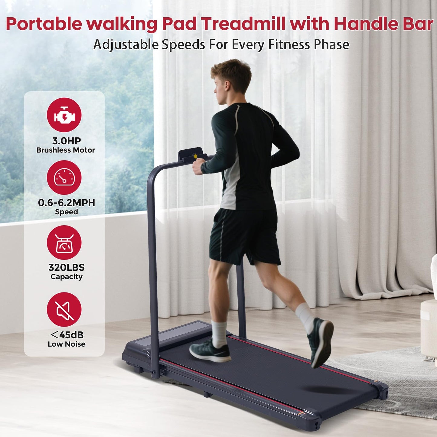 Small Treadmill with Handle Bar Incline Portable Walking Pad for Home