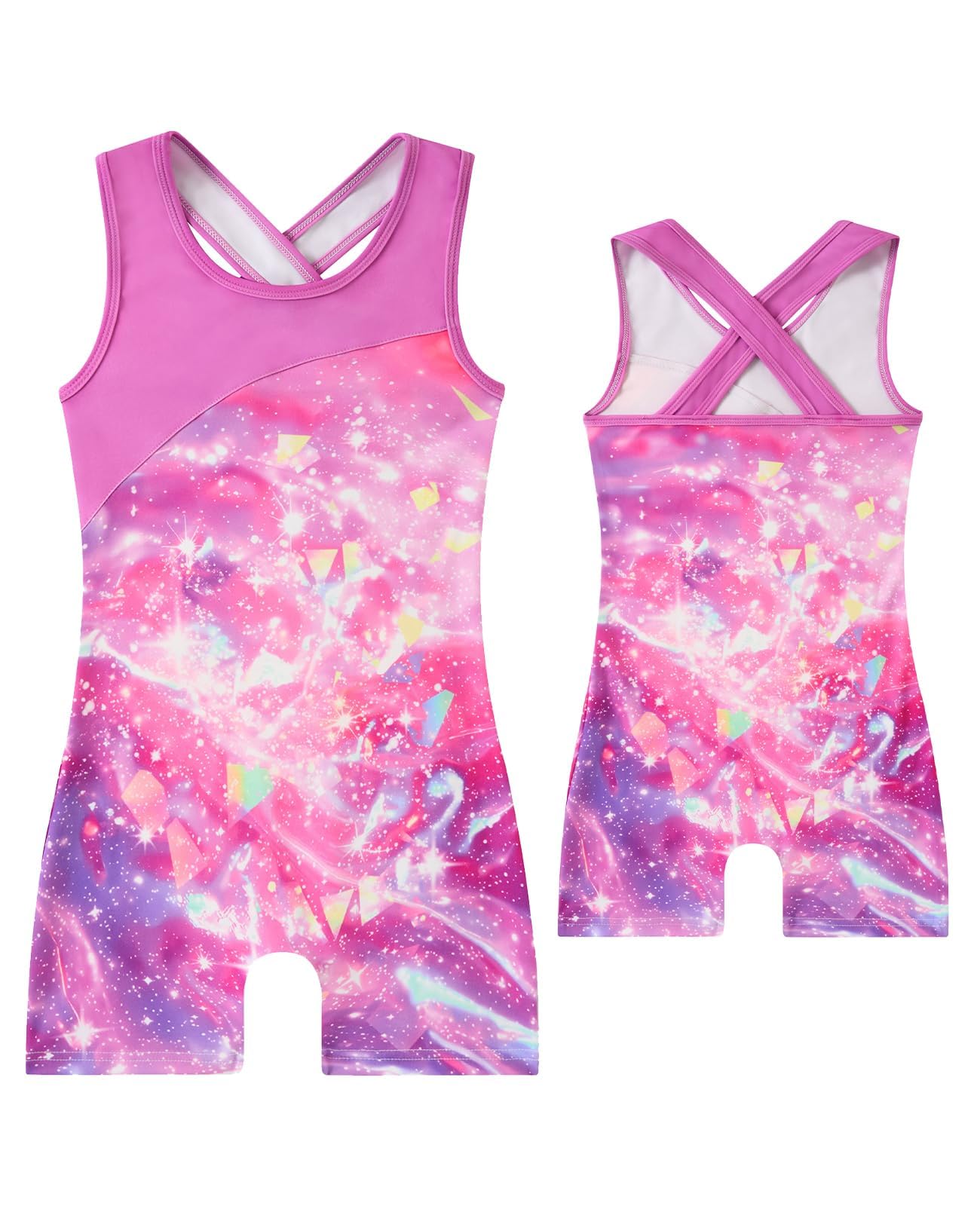 uideazone Pink Glaxy Leotards for Girls Gymnastics Criss-Cross Strap Dance Unitards Biketards One-Piece Athletic Tumbling Outfits Size 7 8