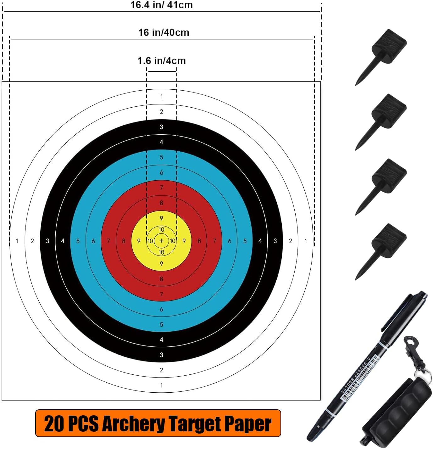 20PCS Archery Target, Archery Targets, Hunting Targets & Accessories, 16X16in - 10 Ring Bow and Arrow Targets(Standard Archery,with 1 Pen&4 pins)