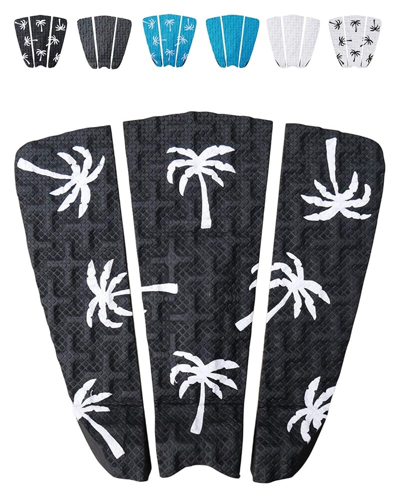 Ho Stevie! Surfboard Traction Pad 3-Piece Full Size 12"x12" Black with White Palm Trees