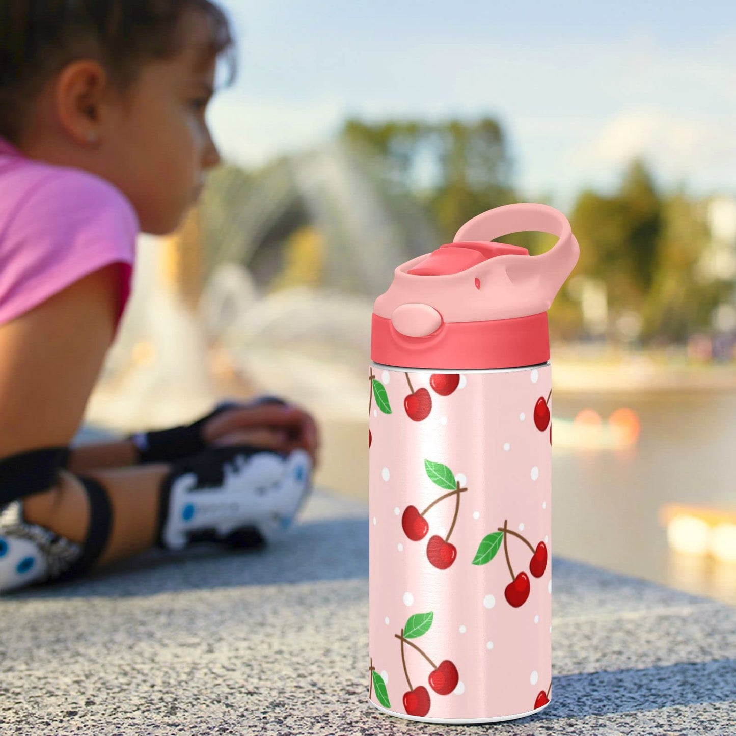 JUMBEAR Cherry Water Bottle with Straw Lid, Leakproof Double Walled Vacuum Insulated Stainless Steel Thermo Flask Travel Tumbler for Kids, Girls
