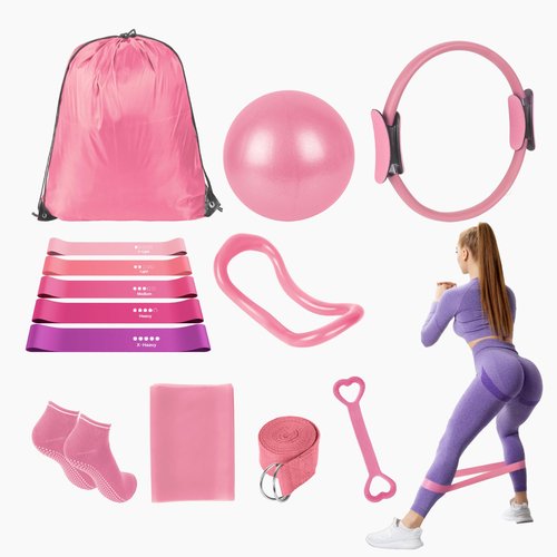 DSUMD 13 Pcs Pilates Essentials Kit for Women, Home Workout Equipment Set with 9.8??Ball, Magic Circle, Accessories, Perfect for Beginners to Toning & Fitness, Pink