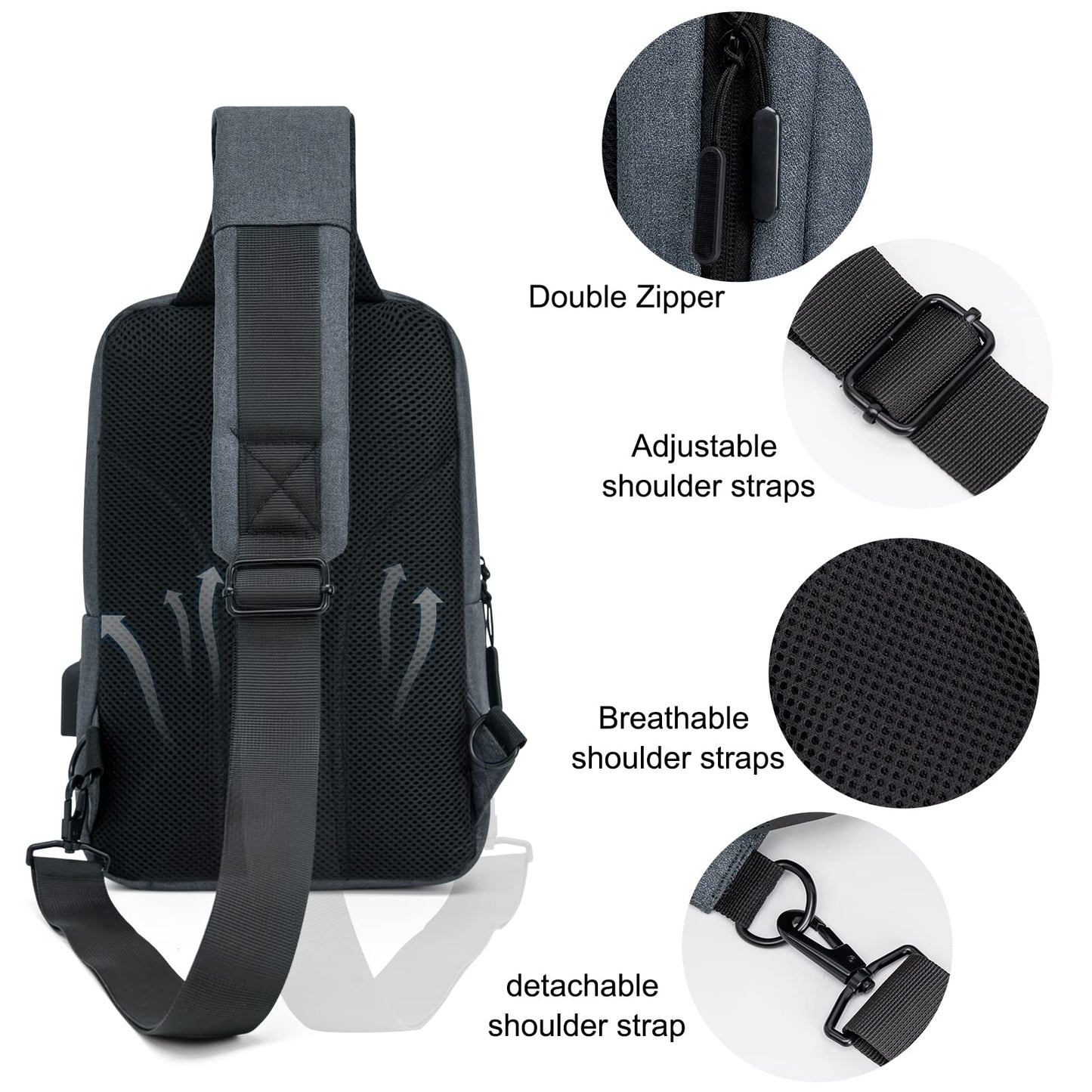 Sling Bag Crossbody Bag Men with USB Charging Port Small Messenger Bag Cross Body Shoulder Bag Sling Backpack Women with Adjustable Shoulder Strap (Oxford Cloth, Grey)