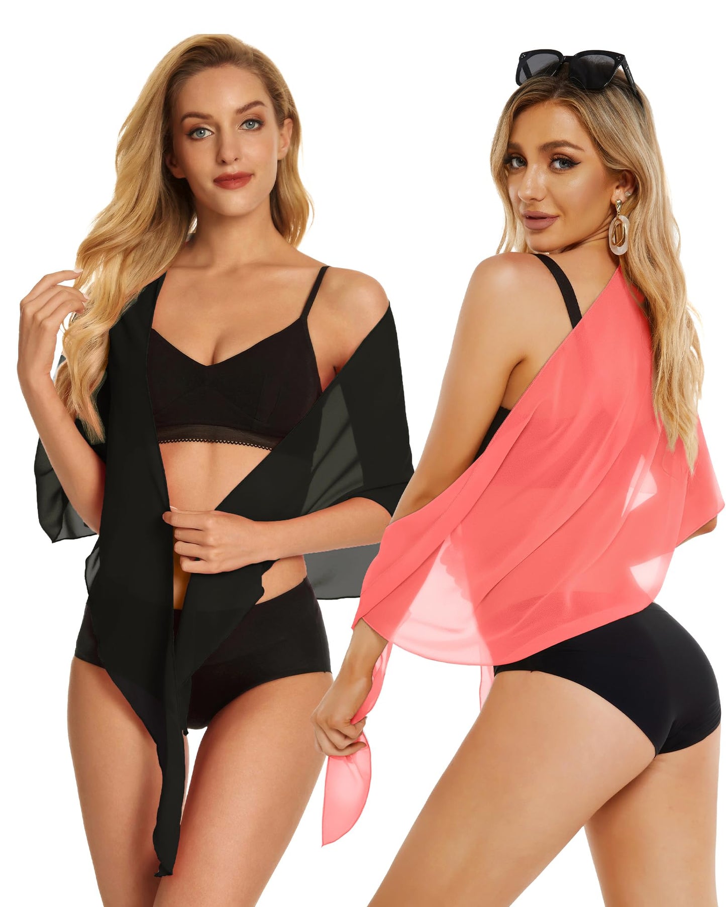 2 Pieces Sarong Cover Ups for Women Beach Bathing Suit Wrap Sheer Short Skirt Bikini Chiffon Scarf for Swimwear (Black and Fluorescent Orange)