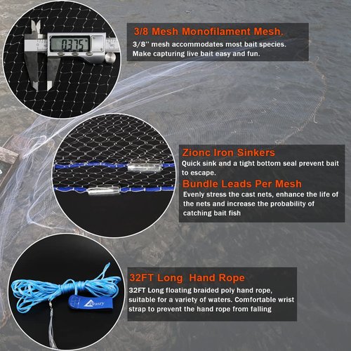 Drasry Saltwater American Fishing Cast Net 3/8inch Mesh Size for Bait Shrimp Trap Fish Heavy Duty Sinkers Throw Net 3FT to 12FT Radius 4FT Radius