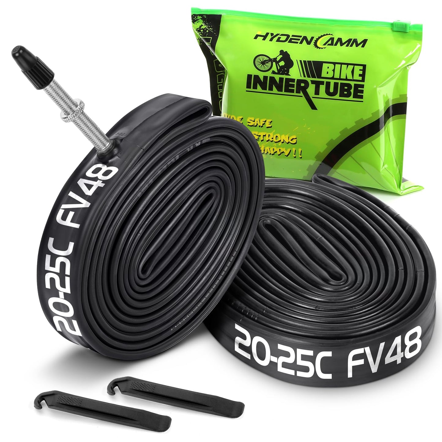 Hydencamm 2 Pack 700x20-25c FV48mm Presta Valve Bike Inner Tube 700c, Butyl 700x20C/23C/24C/25C with 2 Tire Levers, 700 cc Bike Tube Compatible with 700x20C 700x23C 700x24C 700x25C Road Bike Tubes