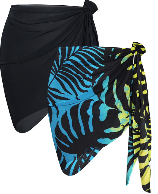 2 Pieces Sarong Cover Ups for Women Beach Bathing Suit Wrap Sheer Short Skirt Bikini Chiffon Scarf for Swimwear (Black, Yellow Blue Leaf)