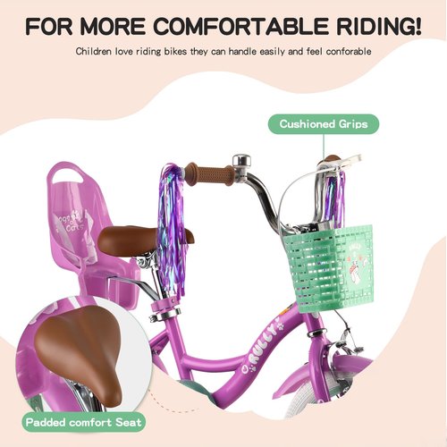 RULLY 14 Inch Girls Bike with Training Wheels, Purple Kids Bicycle with Basket & Doll Seat for 3 4 5 Years Old Toddlers, Children's Bicycle for Beginners