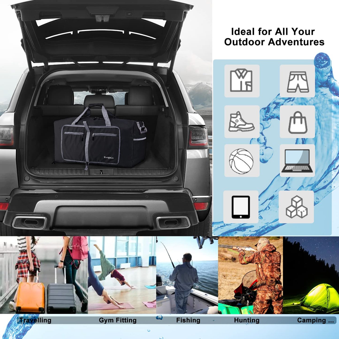 Woogwin Travel Duffel Bag Large Foldable Waterproof Overnight Bag for Beach Swim Bags Pool Sports Gym (100L Black)