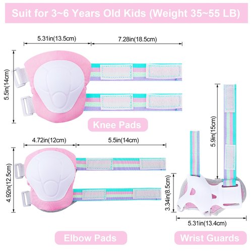 FIODAY Kids Knee and Elbow Pads Wrist Guards Adjustable Protective Gear Set for Girls Boys Inline Skating Biking Skateboard Scooter, Pink, 3-8 Years