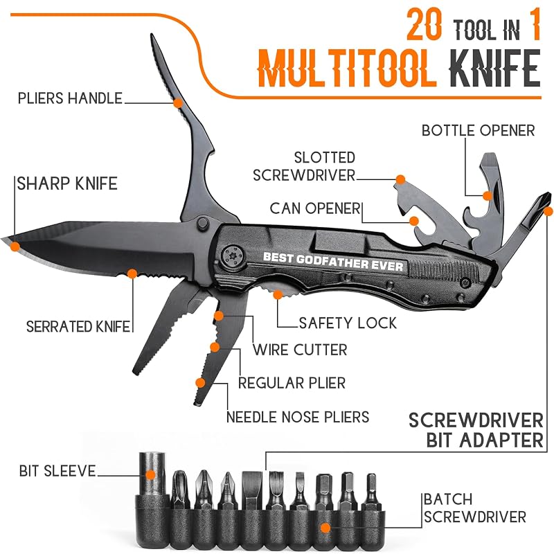 Godfather Multitool Knife 20-in-1 with Engraved Best Godfather Ever - Black