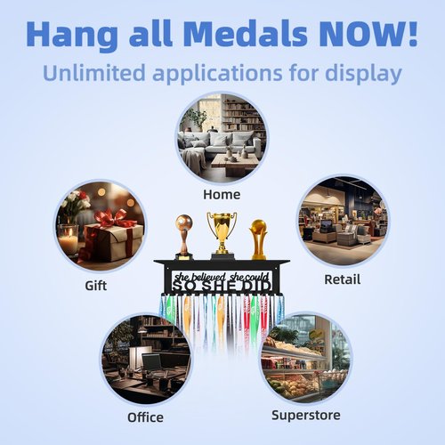 Dafftos Medal Hanger Display Holder Wall Ribbon Organizer Race Storage Frame Awards Bib Holder Medal Hanging Metal Rack Cheer Gymnastics Soccer Softball Runner She Believed She Could So She Did