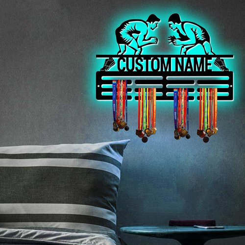 XIAO.Z Personalized Metal Wrestling Medal Hanger Holder Display Rack for Awards Ribbons With Led Light- Custom Sports Medal Holder for Wall,Medal Hanger Display Award Rack With Boy Girl Kid's Name