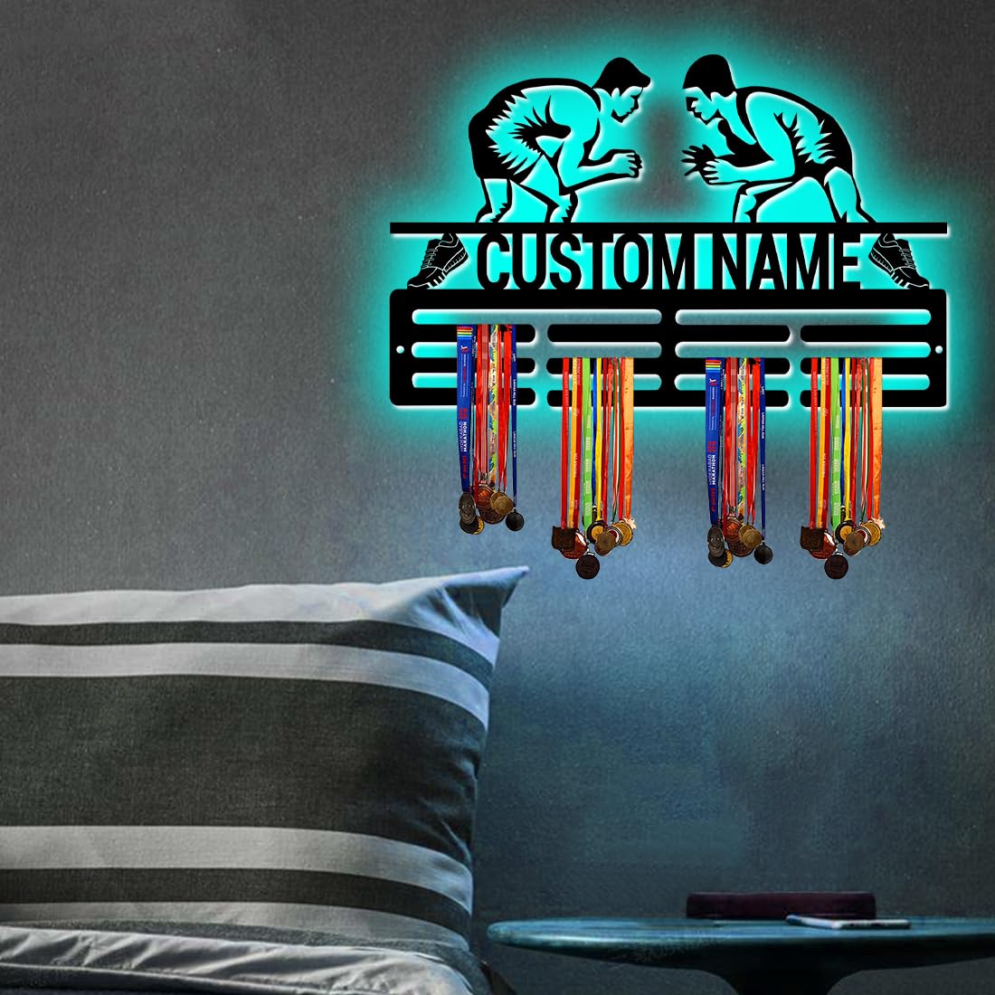XIAO.Z Personalized Metal Wrestling Medal Hanger Holder Display Rack for Awards Ribbons With Led Light- Custom Sports Medal Holder for Wall,Medal Hanger Display Award Rack With Boy Girl Kid's Name