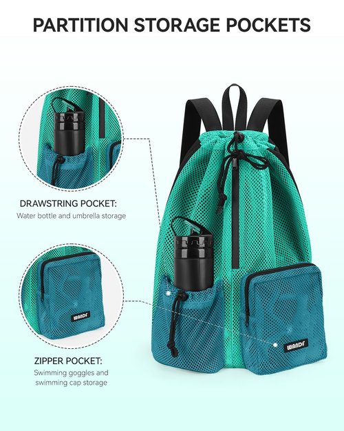 WANDF Swim Bag Mesh Drawstring Backpack with Wet Pocket Beach Bag for Swimming Pool Gym Workout Men and Women (Turquoise)