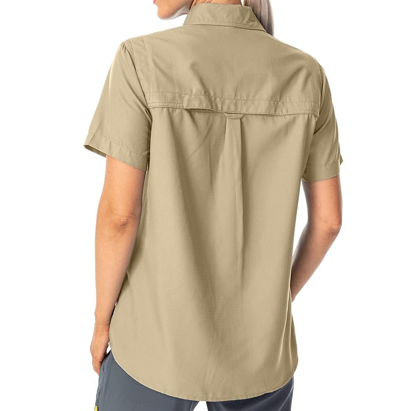 Women's UPF 50+ Quick Dry Button-Down Shirt with Short Sleeves Khaki Medium — Outdoor Sun Protection
