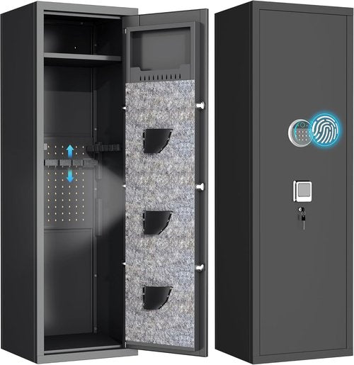 Biometric Gun Safe for Home, Large Capacity Rifle & Pistol Safe with 3 Pistol Pouches, Gun Safe Cabinet with Quick-Access Lock,Fingerprint password lock, No Assembly Required (57"H 14"W 12''D）