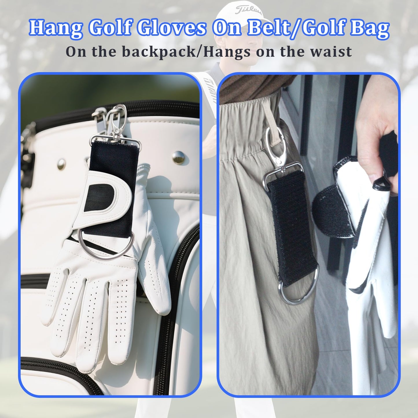 2 Pack Golf Glove Holder with Dual Metal Clips and Keyring, Golf Glove Belt Keeper Strap–Golf Accessory for Secure Glove Attachment to Belt or Bag, Secure Golf Gloves at Waist