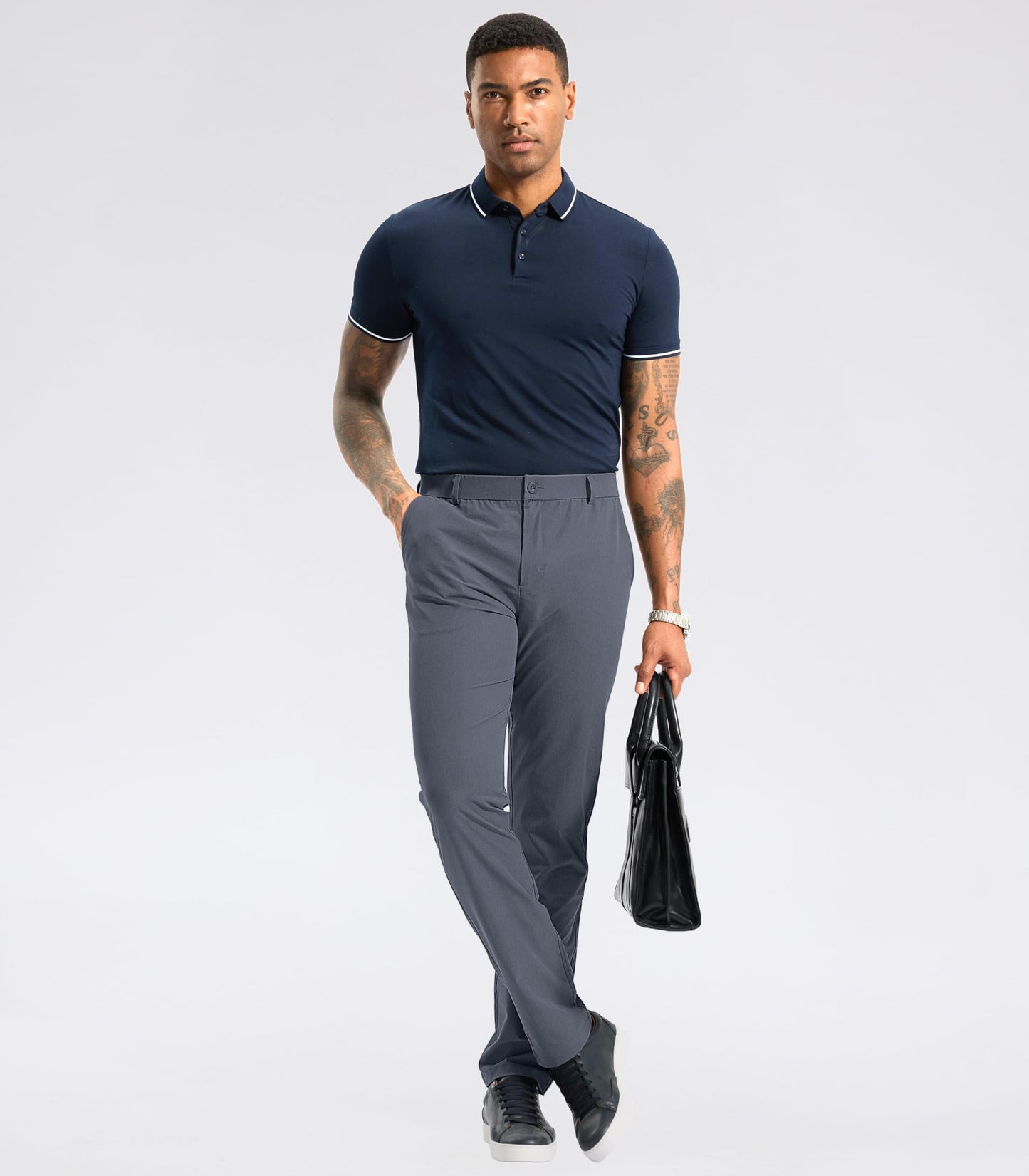 Soothfeel Mens Golf Pants Classic Fit Stretch Work Dress Pants 30"/32"/34" Quick Dry Lightweight Casual Trousers with Pockets Grey_Blue L32_W34