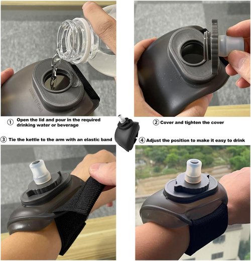 Portable Running Wrist Water Bottle, Adjustable Wrist Sports Water Bottles, Reusable Leak Proof 7 Oz Silicone Sports Water Jug for Travel Camping Rock Climbing Jogging Hiking Marathon Cycling (Black)