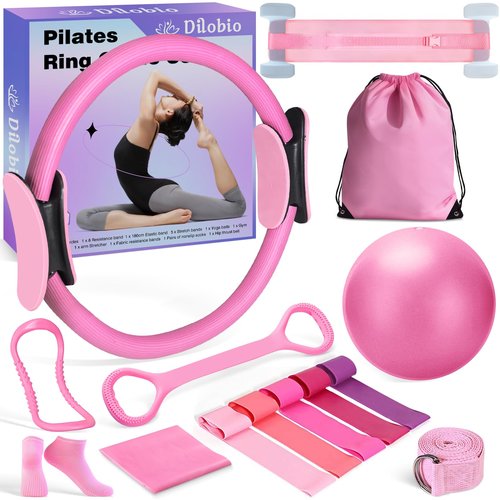 Pilates Ring Essentials Kit for Women, Workout Equipment Set for Home with 12'' Magic Circle, Mini Ball, Resistance Bands, Hip Thrust Belt, Accessories, Pilates Set for Legs Arms and Thighs (Pink)