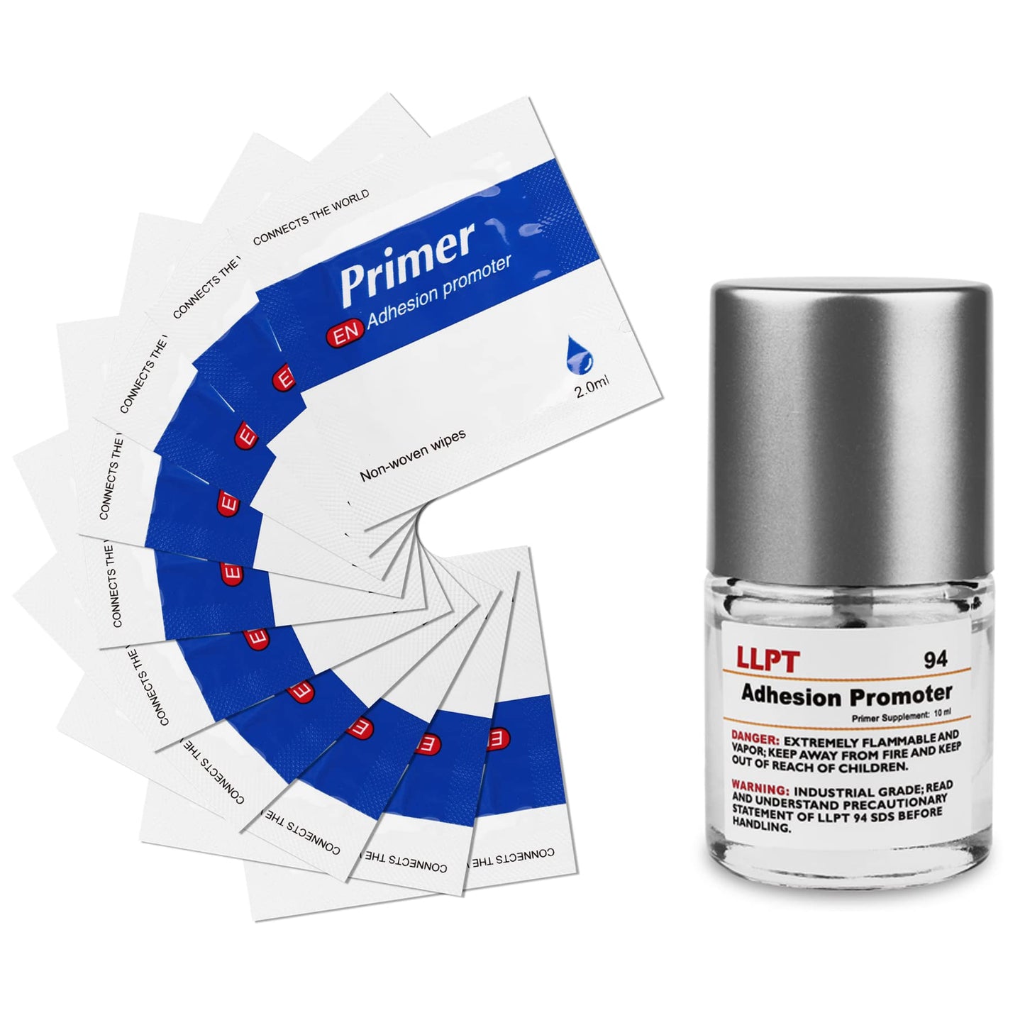 LLPT 94 Adhesion Promoter 10ml Bottle Primer with 10 Dry Wipes for Automotive & DIY, Enhances Bonding for Acrylic Double Sided Mounting Tape, Fast-Drying, Brush-On, Suitable for Plastic Metal Glass