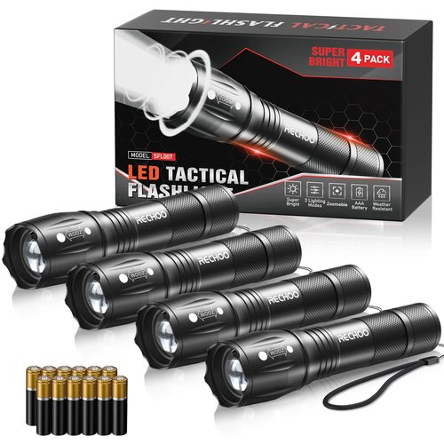 LED Flashlights High Lumens 4 Pack, Powerful Tactical Flashlight With 3 Modes, Pocket Small Flash Light, Waterproof Zoomable Flashlights for Home Emergencies, Camping Essentials (Battery Included)