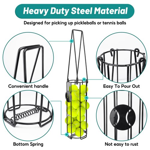 HolyMaji Cylindrical Tennis Ball Hopper Collector Pickleball Balls Retriever Basket Tennis Ball Picker Upper for Easy Picking and Storage Metal Container Holds 24 Tennis Balls Training Caddy (Black)