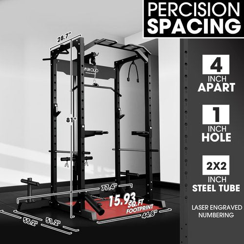 Mikolo Power Cage, Power Rack with LAT Pulldown, 1200 Pounds Capacity Workout Cage with More Training Attachments, Squat Rack for Home Gym, Yellow