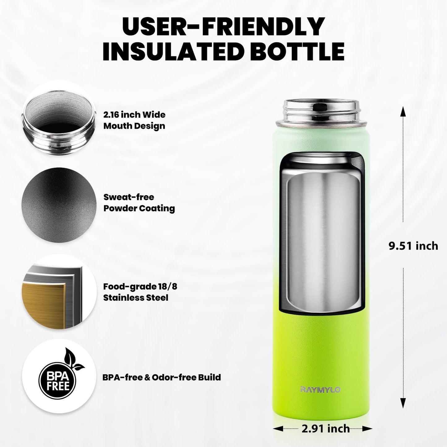RAYMYLO Insulated Water Bottle 20 oz, Triple Wall Vacuum Stainless Steel (Cold for 24Hrs, Hot for 12Hrs), Leak Proof & Non-BPA, Modern Water Bottle Jug for School with Straw Spout Lids