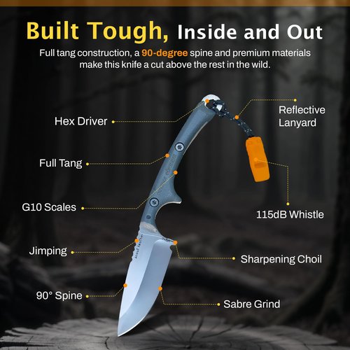 OUTDOOR ELEMENT Scout Feather - Adventure Survival Knife - Full Tang, Ceramic Honing V Notch built into included Sheath, Hex Driver in Handle, 115dB Emergency Whistle, Replacable Ferro Rod