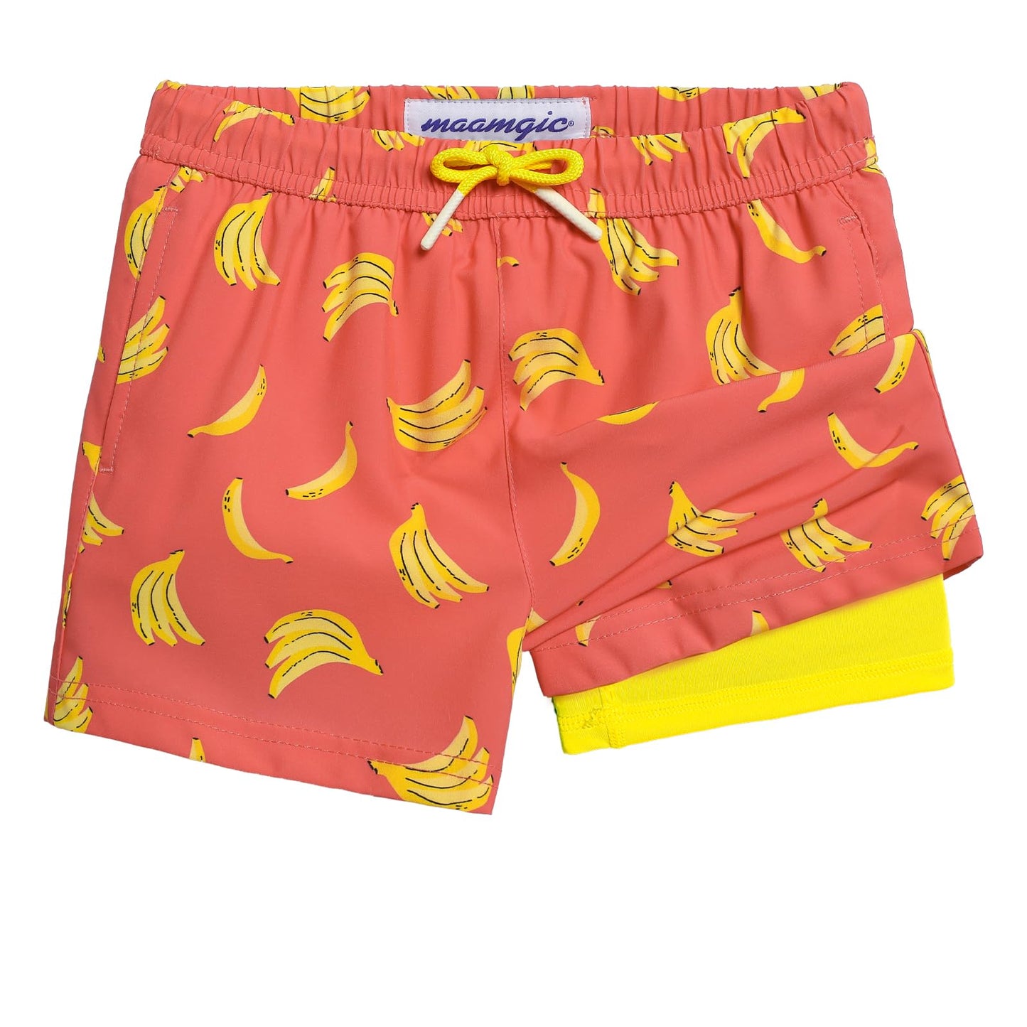 maamgic Boys Swim Trunks with Compression Liner Toddler Stretch Swim Shorts Quick Dry Swimming Trunks Boxer Brief 2 in 1 Beach Shorts Orange Banana 5/6